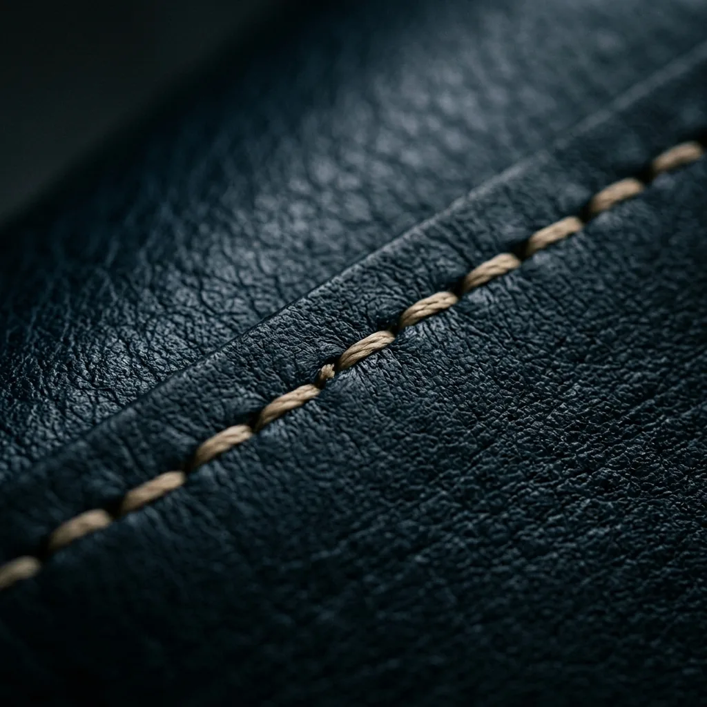 Sera Bleu hand-stitched midnight blue leather detail